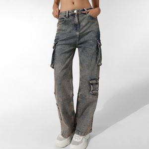 Pantalon cargo en jean streetwear urbain, coupe oversize, multi-poches, délavé, coupe droite, pour l'automne, pour collections de détail 2026 - Product Image 2