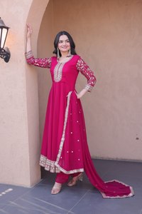 Elegant Pink Embroidered Anarkali Suit With Dupatta Floral Print Chiffon Maxi Dress Women's Ethnic Wear Pakistani Style - Product Image 5