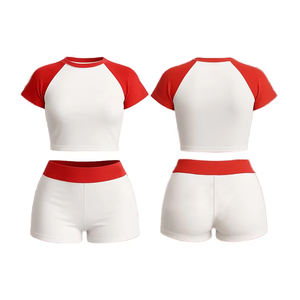 Conjunto Deportivo de 2 Piezas para Mujer, Top Corto y Pantalones Cortos, Manga Corta Raglán, Cintura Alta, Estilo Deportivo y Casual - Product Image 2