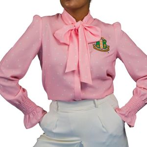 Blusa Elegante y Chic de Manga Larga con Lazo en el Cuello para Mujer, Color Rosa, Tejido Premium, Bordado, Estilo Casual - Product Image 3