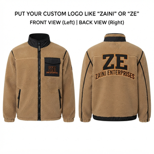 <b>Men</b> Premium 320 GSM Sherpa Polar Fleece <b>Jacket</b> Khaki Black Contrast Panel Custom Embroidery Chenille Patch OEM ODM - Product Image 1