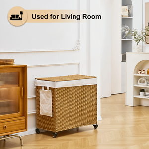 Cesto Portabiancheria in Rattan Intrecciato a 3 Sezioni da 165L con Coperchio e Ruote - Product Image 5