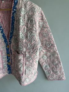 Pink Floral <b>Quilted</b> <b>Jacket</b> With V-Neck Three Quarter Sleeve Cotton Outerwear Spring Style Women's Coat GIFT FOR HER - Product Image 3