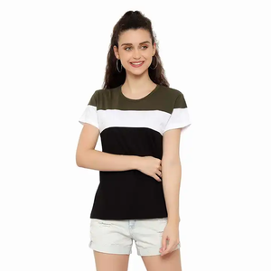 T-shirts pour femmes en coton doux respirant à manches courtes, color block rouge, noir et gris, pour l'été, vente en gros - Product Image 3
