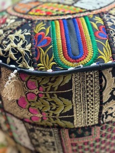 Indian Embroidered Patchwork Cotton Pouf Cover Handmade Round <b>Ottoman</b> Cover - Product Image 3