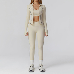 Women's Activewear 3-Piece Gym Set Halter Neck Stand Collar Four-Way Stretch Quick Dry <b>Nylon</b> Spandex Jacket Sports Bra <b>Leggings</b> - Product Image 3