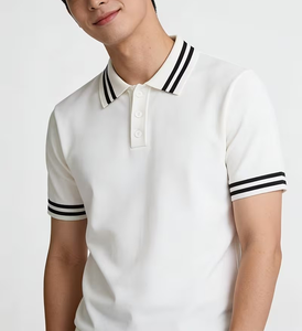 Men's Short Sleeve Solid Color Knitted Polo Shirt Regular Fit White with Black Trim Collar and Cuffs Preppy Style - Product Image 4