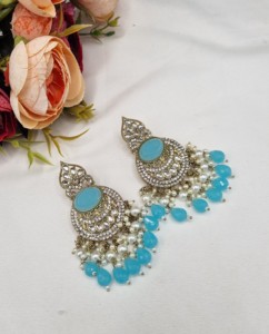 Elegant Oval Cut Stone Chandbali Pearl Beaded <b>Dangle</b> <b>Earrings</b> For Women Artificial Ethnic Jewellery Festival Partywear Wholesale - Product Image 3