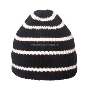 Wholesale Custom Fashion Strip <b>Beanie</b> Jacquard Knitted 100% <b>Wool</b> Adjustable Unisex Winter <b>Hats</b> - Product Image 4