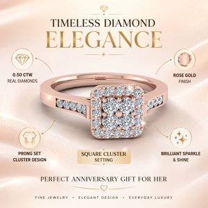 0.50 CTW Real Round Diamond <b>Ring</b> | Prong <b>Set</b> Square Cluster Design Rose <b>Gold</b> | Anniversary Gift Elegant Fine Jewelry for Women - Product Image 5