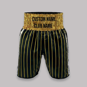 Pantalones Cortos de Muay Thai en Satén Dorado con Bordado Tradicional, Estilo Moderno Retro, para Kickboxing y Combate - Product Image 1