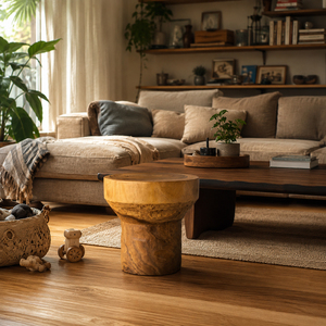 Taburete Otomano de Madera de Suar con Acabado Honey, Mesa Auxiliar de Diseño Rústico, Calidad Premium, Madera Sólida de Niwara Bisoepo para Sala de Estar - Product Image 4