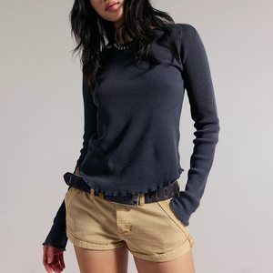 T-shirt unisexe en coton respirant à col rond et manches longues, coupe ajustée, couleur unie, rose, pour femme - Product Image 4