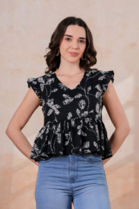 เสื้อเบลาส์พิมพ์ลายดอกไม้สีดำสำหรับผู้หญิง แขนระบาย คอวี ทรงหลวม สไตล์ลำลอง ผ้าชีฟอง สำหรับฤดูใบไม้ผลิและฤดูร้อน - Product Image 3