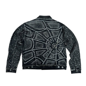 Veste en jean noire pour homme avec motif géométrique à sequins, col rabattu, style streetwear, coupe classique, imperméable et coupe-vent - Product Image 2