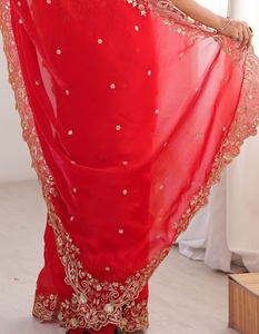 KV Satin <b>Red</b> Embellished Designer Saree With Unstitched <b>Blouse</b> - Product Image 6