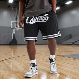 <b>Men's</b> Black Basketball <b>Shorts</b> With <b>White</b> Logo And Side Stripes Quick Dry Sporty Style Elastic Waist Mid Length - Product Image 4