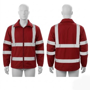 Veste en cuir polyester premium 210 GSM, à capuche, imperméable, rouge, avec bande réfléchissante haute visibilité, vêtements de travail, logo personnalisé, équipement uniforme - Product Image 1