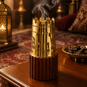 Brûleur à Bakhoor en bois et métal fait main, encensoir arabe Oud Mabkhara, finition dorée, décoration de table, vente en gros, fabricant - Product Image 4