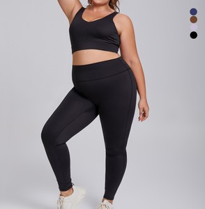 Plus Size Yoga Set <b>Crop</b> <b>Top</b> Full Length Leggings High Waist Seamless Solid Navy Blue 2 Piece Activewear - Product Image 3