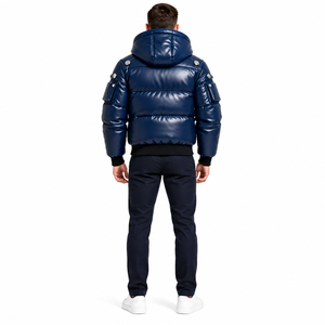 Chaqueta acolchada brillante azul marino para hombre, chaqueta de invierno con capucha y bolsillos multiusos, ropa exterior de moda con cremallera completa - Product Image 4