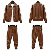 Ensemble veste bomber longue et pantalon en cuir PU marron pour homme, fermeture éclair frontale couleur unie, tenue décontractée d'automne, coupe régulière, style sport rapide