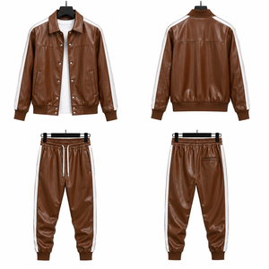 Men's Brown PU <b>Leather</b> <b>Long</b> Bomber <b>Jacket</b> Pants Set Front Solid Color Zipper Closure Casual Autumn Wear Regular Fit Speed Sports - Product Image 4