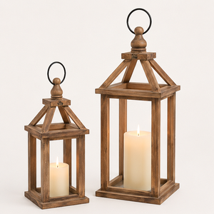 <b>Set</b> of 2 Farmhouse Wood Candle <b>Lanterns</b> Rustic Brown Decorative Wooden Candle Holders for Table And Outdoor Garden Decor - Product Image 1