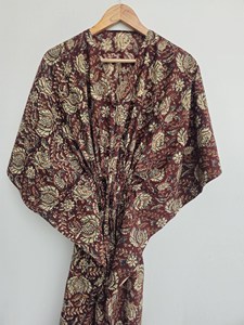 Vestido Kaftan Maxi con Estampado Floral en Bloques Marrones Estilo Boho Chic, Cuello en V, Corte Holgado, Algodón, Informal, para Vacaciones y Playa - Product Image 3