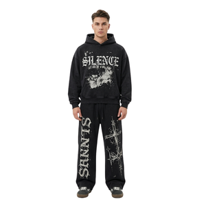 Ensemble de survêtement en molleton peigné noir intense, imprimé sérigraphié, à manches longues tombantes, qualité supérieure, épais et chaud, coupe décontractée, avec capuche - Product Image 1