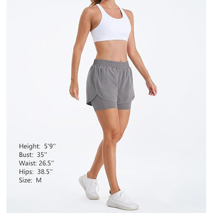 Shorts de course 2 en 1 gris moyen taille haute pour femme, fluides, en polyester, séchage rapide, pour fitness et entraînement, avec poche zippée - Product Image 5
