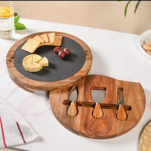 Round Acacia Wood Cheese Board with Slate Serving Surface and Hidden Cheese <b>Knife</b> Set Dishwasher <b>Safe</b> Decorative - Product Image 1