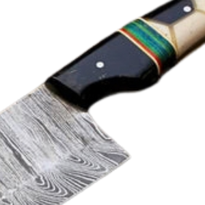 Couteau de Chef de Cuisine à Motif Damas Argenté avec Manche Géométrique en Ivoire Noir et Accent Multicolore, Lame Tranchante pour Viande - Product Image 4