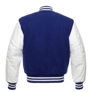 Vestes universitaires vierges en gros, corps en laine bleue et manches en cuir PU, style baseball - Product Image 3
