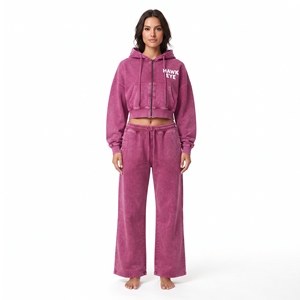 Conjunto de Sudadera con Capucha y Bolsillo Canguro con Cordón y Pantalones Jogger de Pierna Ancha para Mujer, con Lavado Ácido, Hombro Caído y Cremallera Completa, Venta al por Mayor Personalizada - Product Image 1