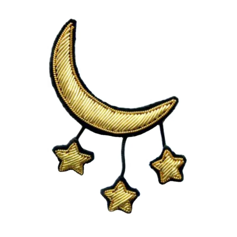 Nouveau Design de broche 100% broderie lune et étoiles broche en forme de fil d'or fait à la main couleur Bullion broche bijoux de mode patchs