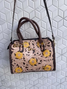 Hand Tooled Carving Leather Speedy Handbag Floral Pattern New Designer Gypsy Boho <b>Shoulder</b> Handmade Stylish Women Uses Bag - Product Image 3