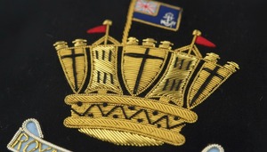 100% Hand Embroidery 3D Eco-Friendly Customizable Badges Denim Fabric Gold Crown with Red Flag OEM-Service Handmade - Product Image 5