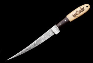Handmade Damascus Steel Industrial Grade Fillet <b>Knife</b> Serrated Edge Drop Point 0.6 Mm Thickness <b>Bone</b> <b>Handle</b> 11" Overall Length - Product Image 3