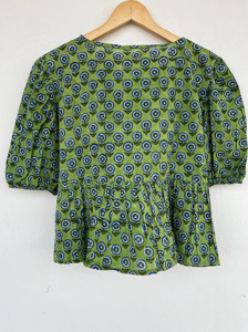 Blusa de Algodón Puro con Estampado Floral Verde para Mujer, Mangas Cortas, Cierre con Lazo al Frente, Estilo Bohemio, Top Informal de Primavera/Verano para Vacaciones - Product Image 4
