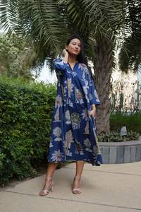 Vestido midi de algodón con estampado floral para mujer – Vestido informal holgado con estampado en línea A y mangas 3/4 - Product Image 3