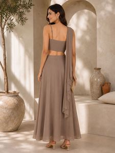 Brown Embroidered Georgette Lehenga Set Floral Spaghetti Strap Crop <b>Top</b> Pleated Maxi Skirt Party Wear - Product Image 2