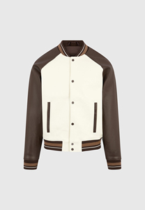 Veste universitaire pour homme, manches en cuir PU, corps crème, bordure marron, style décontracté pour l'automne, col rabattu, fermeture à boutons - Product Image 4