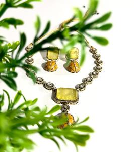 Yellow Stone Polki Layered Design Necklace with Earrings Gold Plated Fashion Jewelry Set - Product Image 6