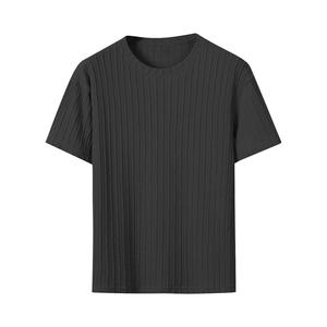 เสื้อยืดแขนสั้นผู้ชายสีพื้น คอโอ ทรงลำลอง ผ้าถักลายเคเบิ้ล คอกลม ทรงปกติ - Product Image 3
