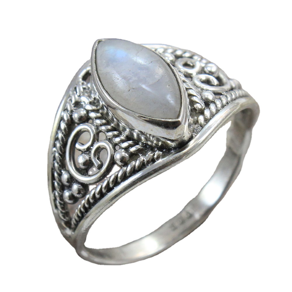 Customized Natural Moonstone 925 Sterling Silver Elegant Vintage Ring Rainbow Moonstone Statement Finger Rings Wholesale Jewelry