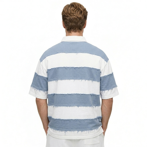 Men's shirts Distressed Short Sleeve Rugby Polo Blue White Striped Deconstructed Streetwear Oversized <b>Hip</b> Hop Summer T-shirt OEM - Product Image 3