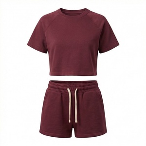 Women's 2 Piece Knitted Solid Color Short Sleeve <b>Crop</b> <b>Top</b> and Above Knee Shorts Set Casual Loose Fit Spring Summer Wear - Product Image 1