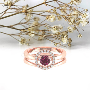 Anillo Apilable de Oro Sólido de 14k con Rodolita Granate y Diamantes de Corte Redondo de 5mm, Anillo de Compromiso y Boda para Ella - Product Image 2