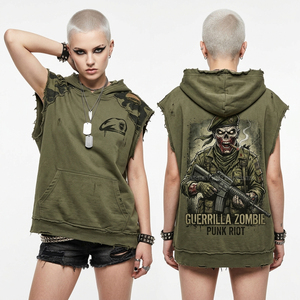 Hoodie sans manches vert olive pour femme, style streetwear punk, coupe déchirée personnalisée, sweat-shirt graphique à bords bruts, coupe musclée - Product Image 1